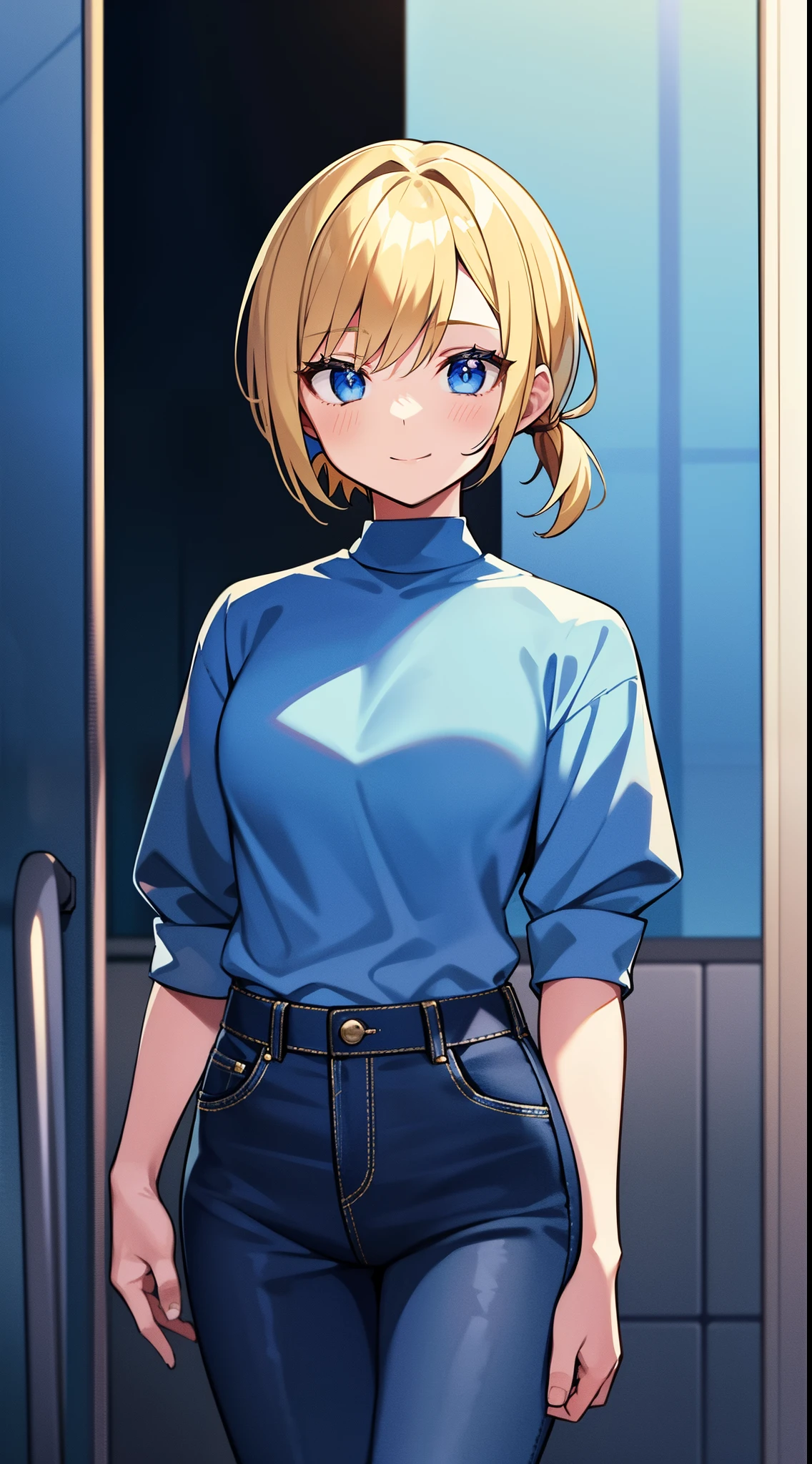 Young girls, blond with short hair, high ponytails, eBlue eyes, ssmile, Blue skinny shirt, denim pant, open shower room, Two swords, fly by rope, tmasterpiece, high high quality, 4K, k hd, Nice details