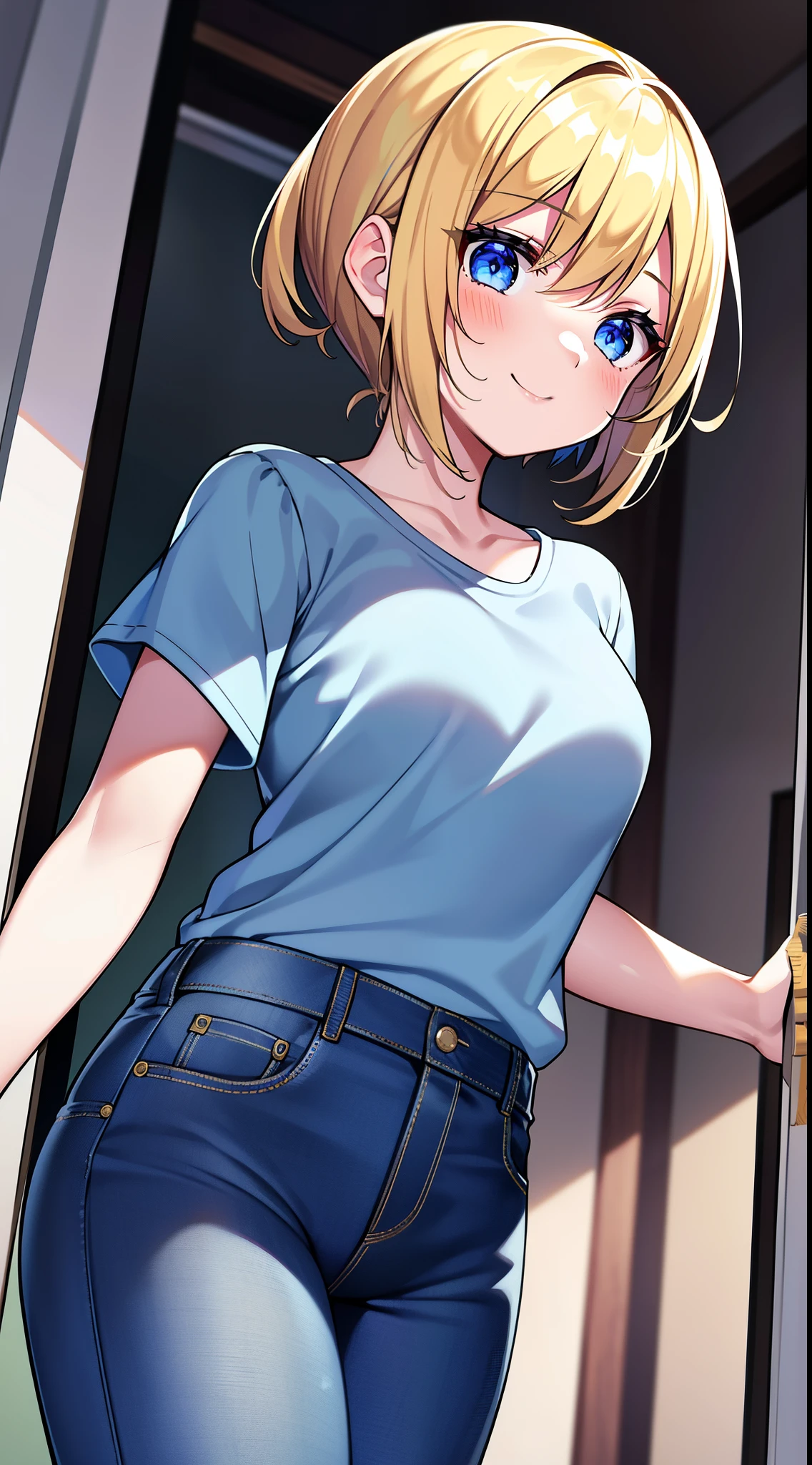 Young girls, blond with short hair, high ponytails, eBlue eyes, ssmile, Blue skinny shirt, denim pant, open shower room, Two swords, fly by rope, tmasterpiece, high high quality, 4K, k hd, Nice details