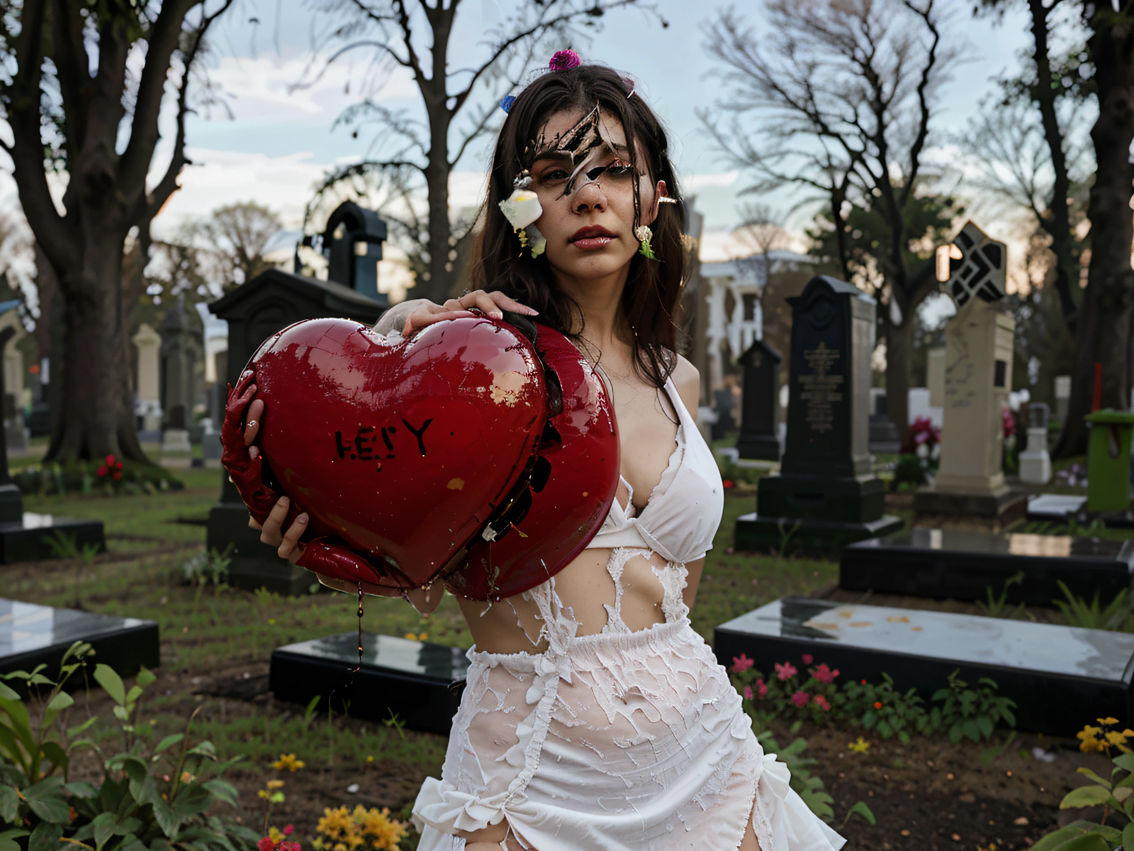 there is a woman holding a human heart in her hand in a cemetery, Alejandra Fomina, ciego, Diosa de la muerte en un cementerio, Nika Maisuradze, Female death holding a cocktail, photograph taken in 2 0 2 0, Estatua de porcelana de Holly Herndon, Zombi saliendo de una tumba, harsh, por Daniel Lieske, en el cementerio de highgate