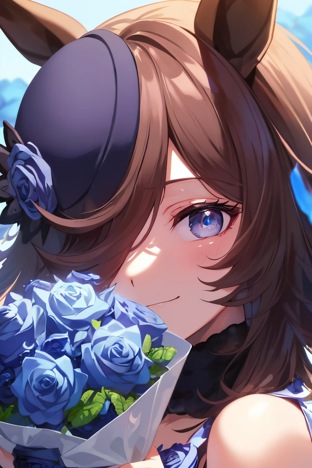 (masutepiece.top-quality).(Dynamic Angle). (Very spectacular detail CG painting),(image perfect)、comic strip.Illustration.1 girl in.Detailed face、face perfect.delicated face、girl in delicate clothes、Textured skin、Black hair.long、(Horse-eared girl)Horse-eared girl、((Beautiful blue eyes)).Delicate and beautiful eyes、Eyes written in detail、Reflected eyes、Watery eyes、smil.(Holding a bouquet of blue roses:1.3).(Blue petals flutter:0.8)、8k wallpaper、cowboy shot、Reflected Light、highestdetailed、Convoluted、Delicate background、Textured skin、Detailed skin、(ultra res)、