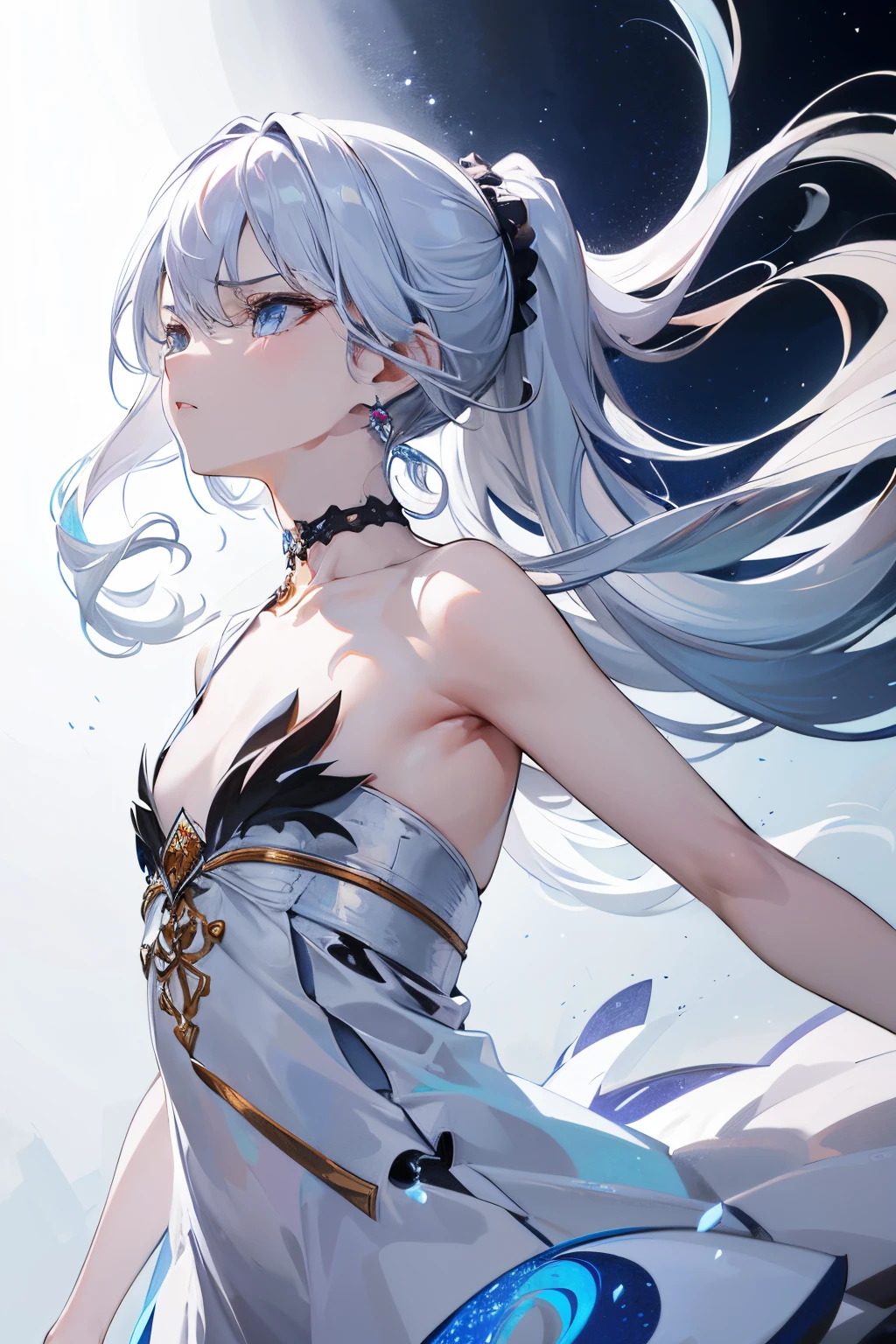 8k wallpapers, ((masterpiece)), movie lighting, top quality, illustrations, dramatic angles, ((scowl face)), ((color inner hair: 1.4)), (Flat chest), 1girl, solo, silky long hair, water, blue eyes, choker, parted lips, white choker, ponytail, liquid hair, silver hair, bangs, bangs, from side, profile, simple background, (gray background), bare shoulders, portrait, looking at viewer, white dress, hair between eyes, colorful hair, white background,earrings,jewelry, ((Dynamic pose))