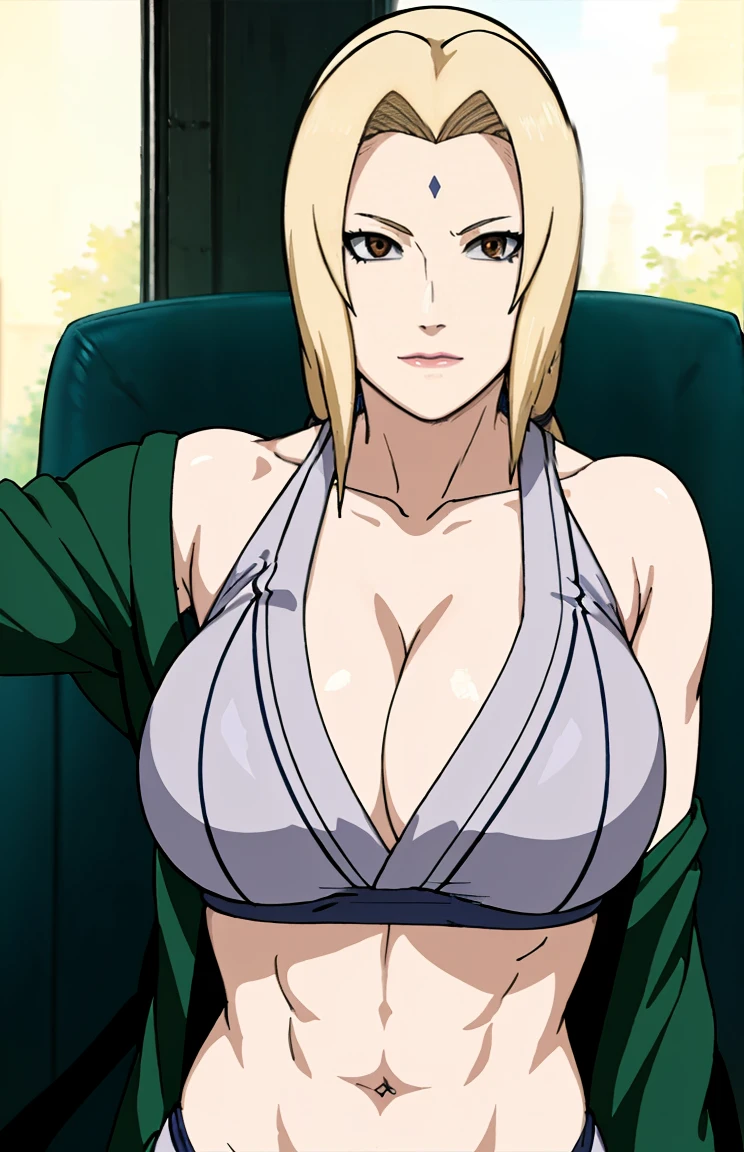 Tsunade, sports bra, detailed navel, strong woman, powerful muscles, confident expression, vibrant colors, dynamic lighting, realistic painting style, high resolution, ultra-detailed, HDR.
