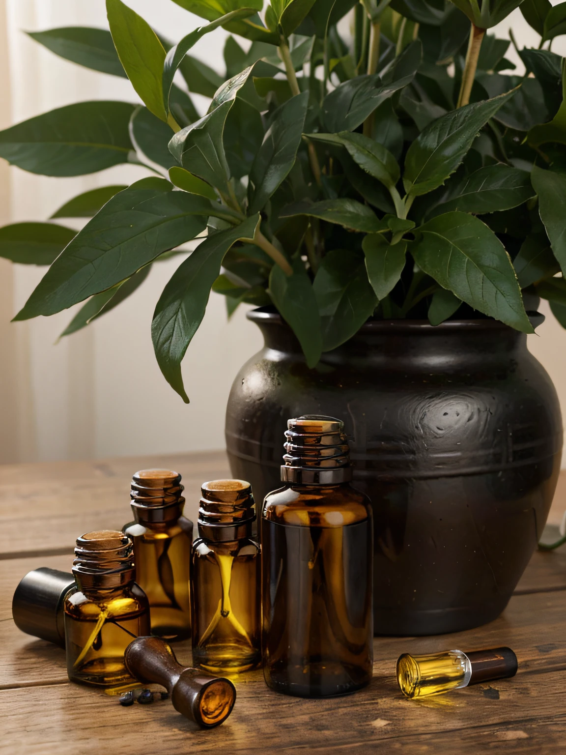 apa de ebook no formato 10:16, Featuring a high resolution, ultra-realistic composition with photographic quality of various types of plants used for essential oil production. Include amber glass bottles with essential oils, com um visual rico em detalhes, cores e texturas. The image must fill the entire space, creating a professional and highly attractive look for your essential oils ebook cover.