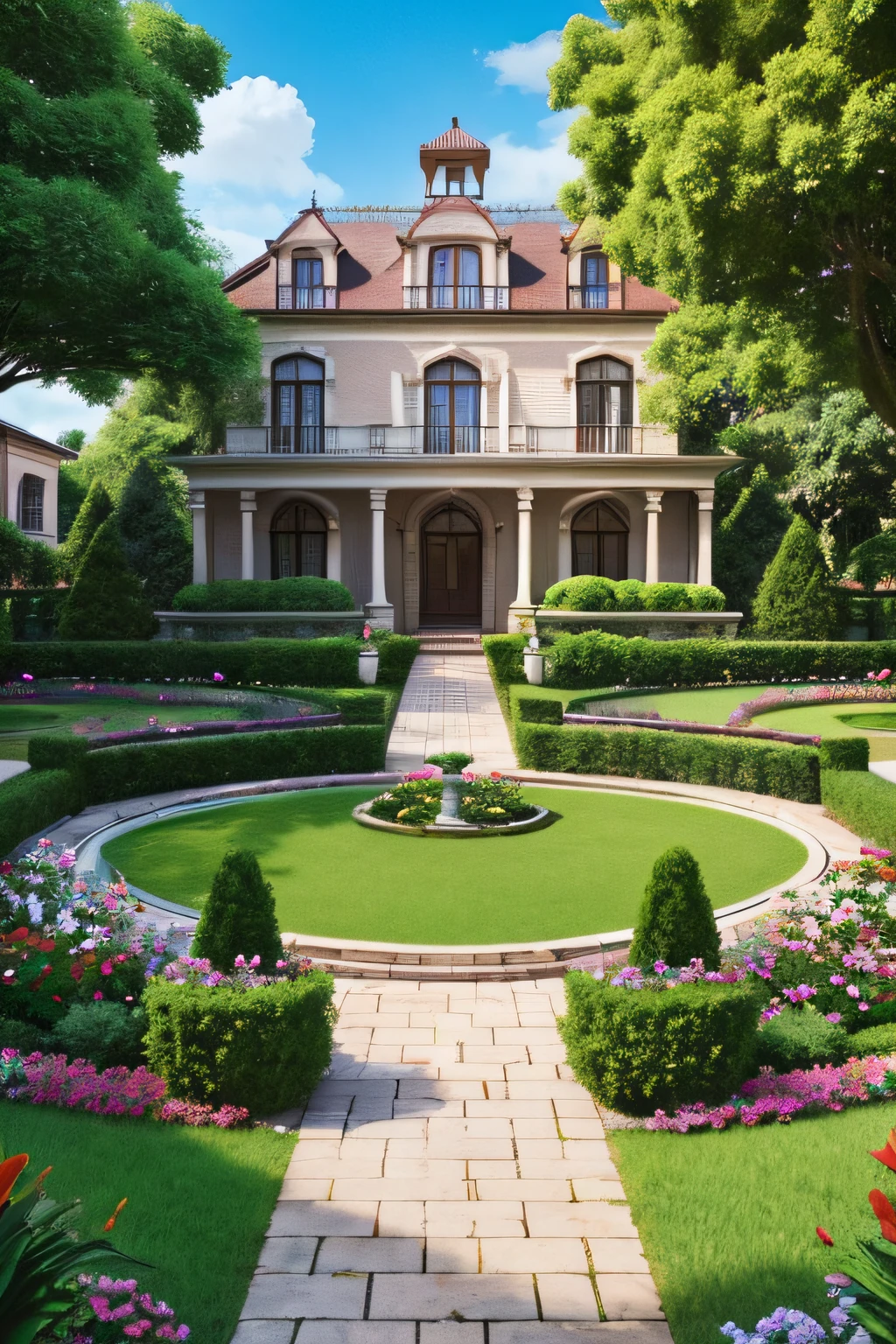 (photorealisim), (Best Quality, masutepiece, full of details), Mansion with two towers, Many trees, Colorful garden, flower pots, Old mansion, Whitestone Road, Green grass, Blue sky, Sunshine, Brown Brick Mansion, Ultra HD