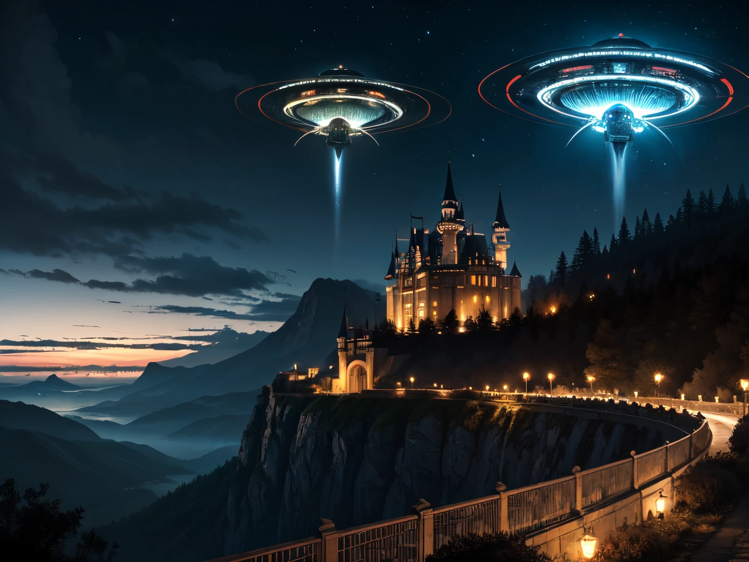 detailed, (masterpiece:1.2), (night), kingdom, sky, (castle), (abundant_UFO:1.2), (spaceship_in_the_sky), hill, dark, (luminescent), dark age