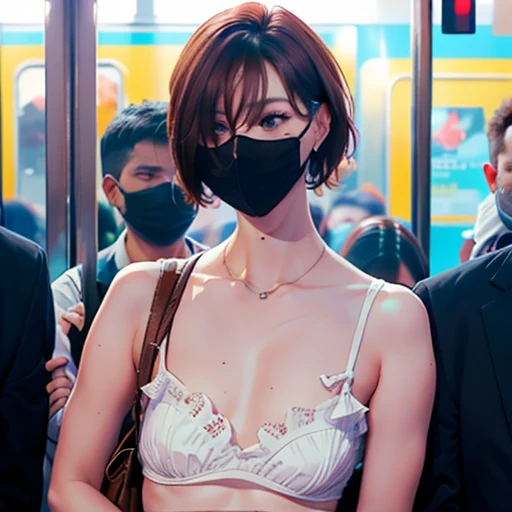 (Best quality, photorealistic:1.4, photography, close up shot, 300mm lens), ((low angle shot)) , (crowded subway train:1, masked men in underwear crowding the train, young boy 1 grab lap of woman wearing summer beach ootd, (ambient lighting, under exposure:1.6, UHD)