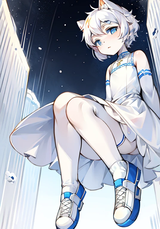 White hair，Wear socks，white short socks，eBlue eyes，Wear shoelue and white shoes，wearing dresses，Short white dress，Snow in winter