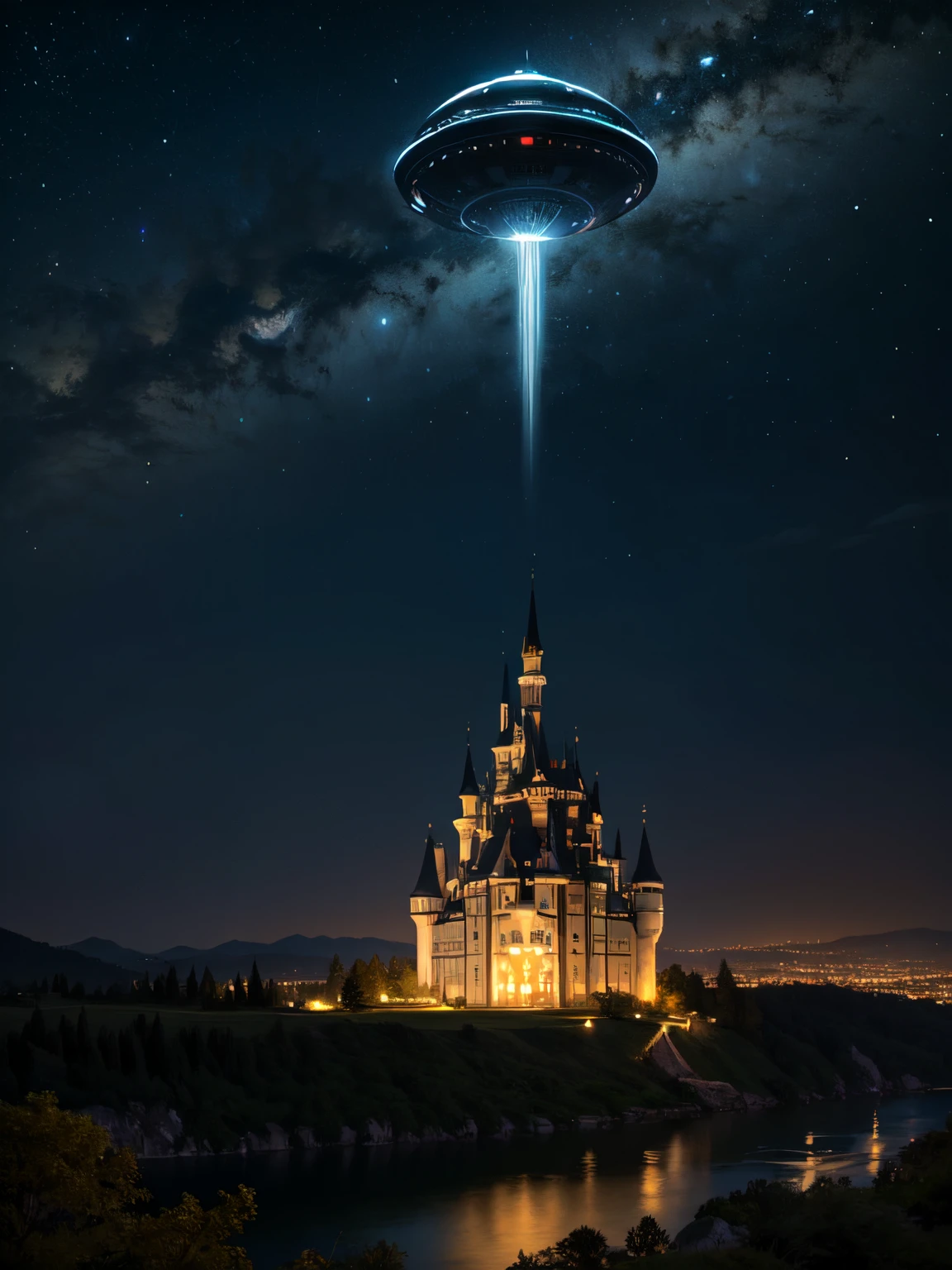 detailed, (masterpiece:1.2), (night), kingdom, sky, (castle), (abundant_UFO:1.2), (spaceship_in_the_sky), hill, dark, (luminescent), dark age