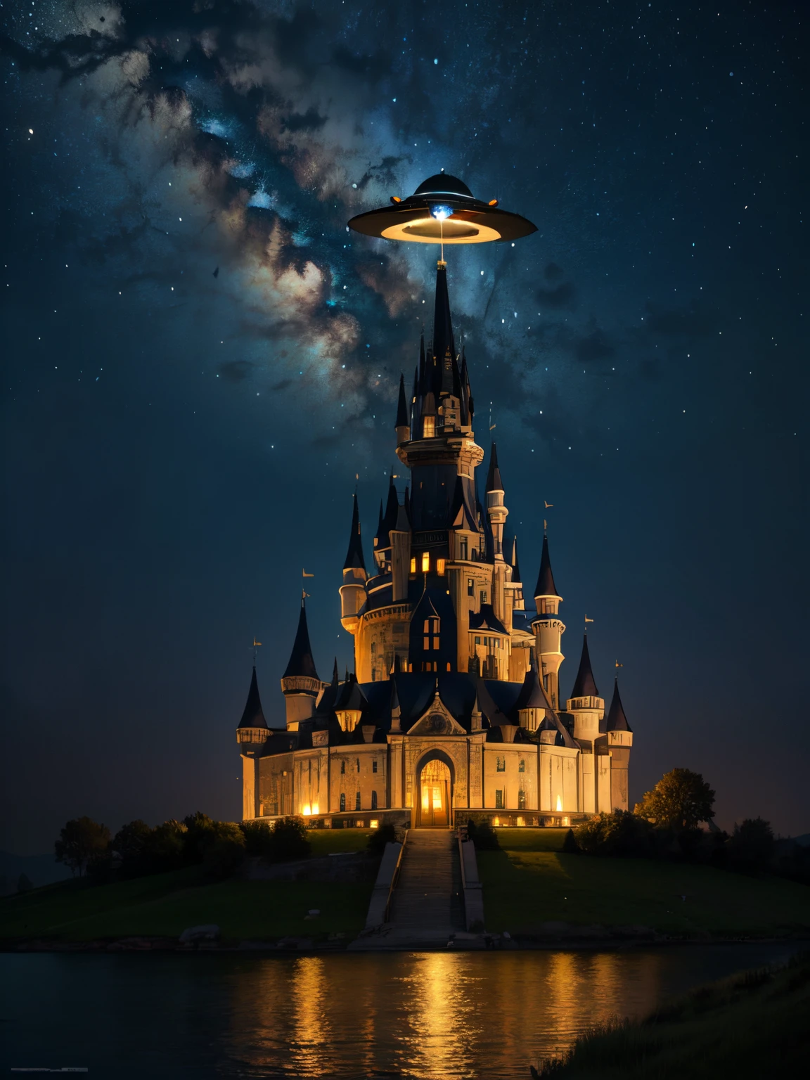 detailed, (masterpiece:1.2), (night), kingdom, sky, (castle), (abundant_UFO:1.2), (spaceship_in_the_sky), hill, dark, (luminescent), dark age