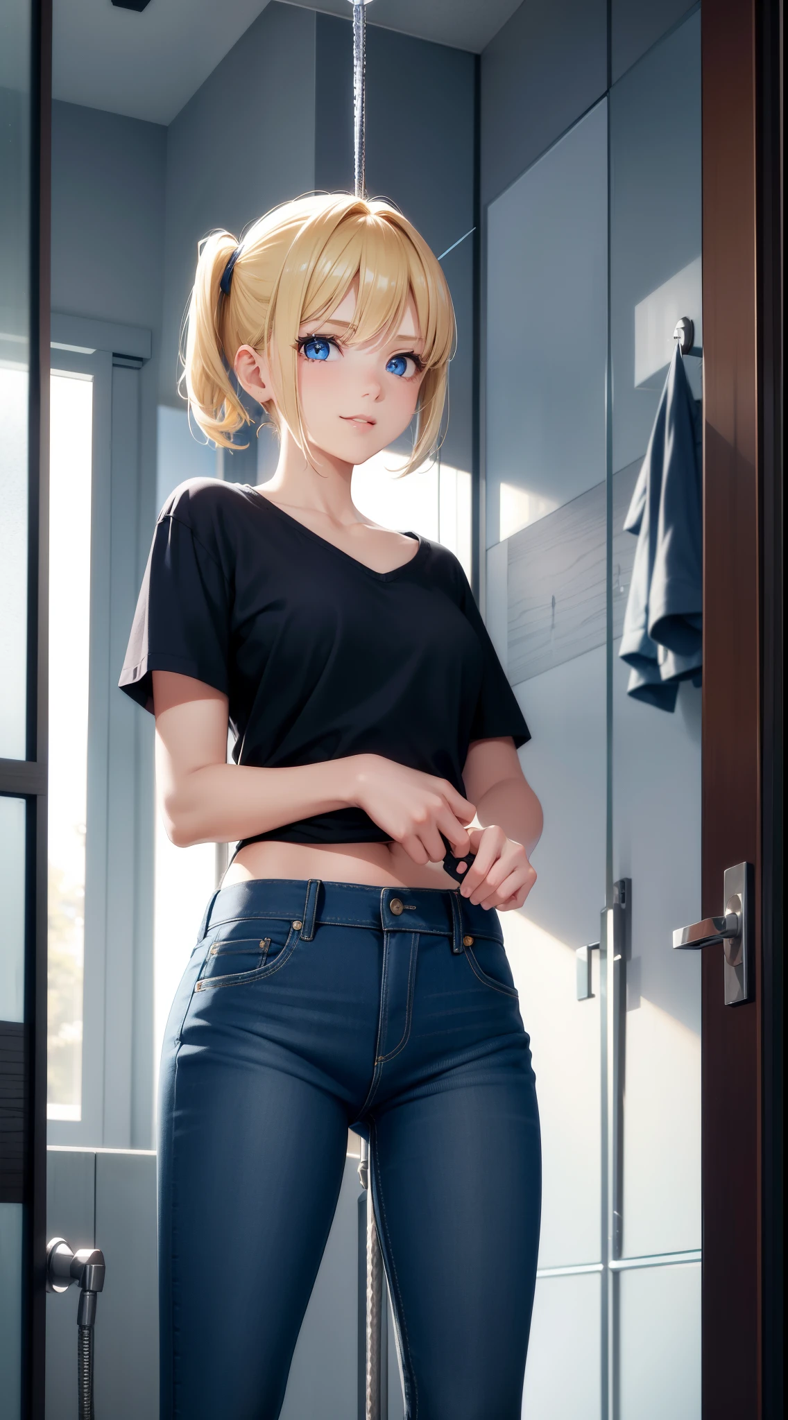 One, 18 Years old, Russian, Skinny, Pale skin, White skin, Skinny thighs, Blonde hair, Sleeveless t-shirt, Pajamas, Cotton shorts, Intricate clothes, Full body, Couch, Cinematic light, Anime, ((Transgender)), Small ass, Natural breasts, Standing, ((bulge))