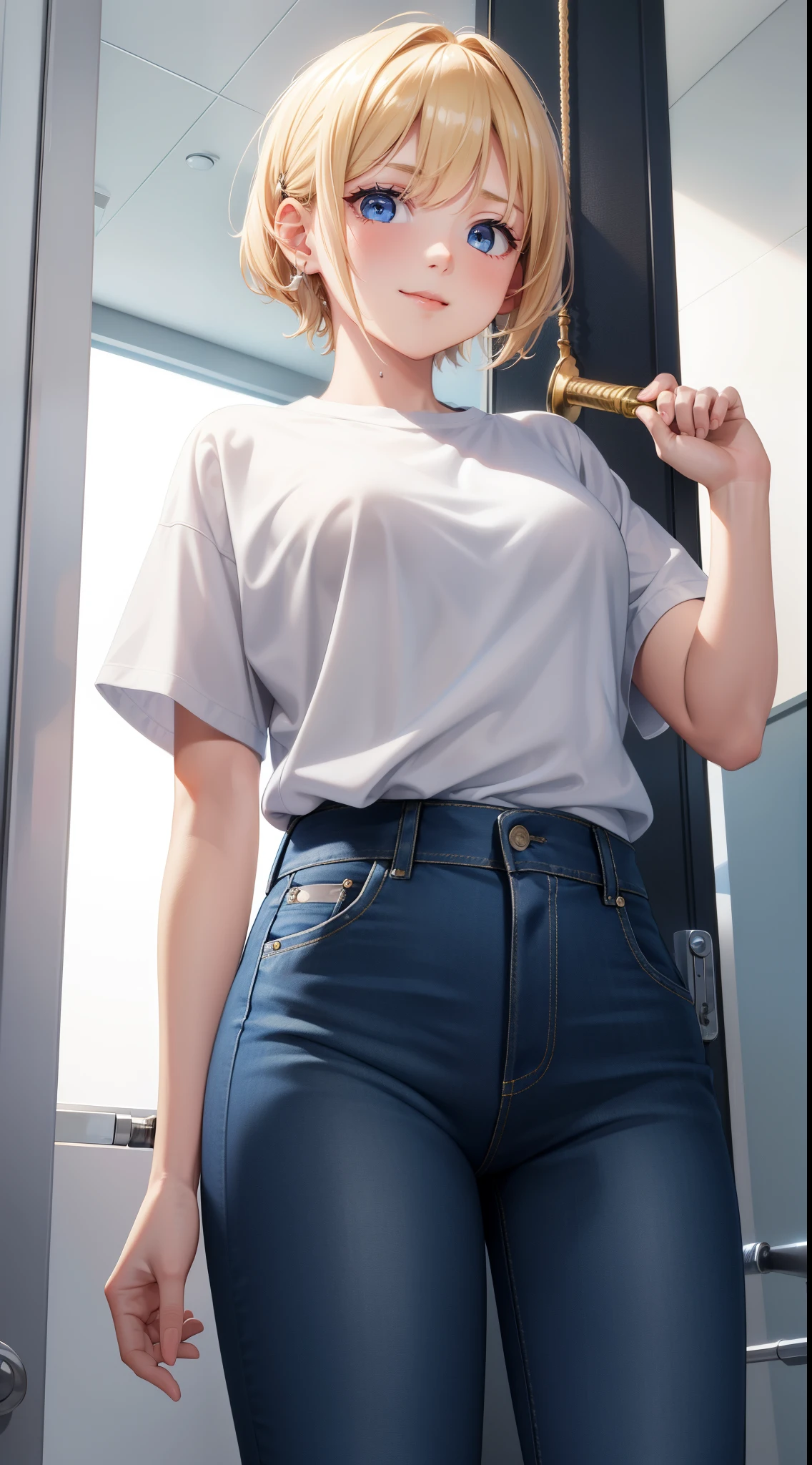 Young girls, blond with short hair, high ponytails, eBlue eyes, ssmile, Blue skinny shirt, denim pant, open shower room, Two swords, fly by rope, tmasterpiece, high high quality, 4K, k hd, Nice details