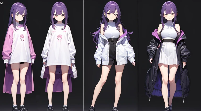 (Best Quality, masutepiece), , 15 yo,Standing Girl, three view drawing, front, Back and sides, Character Sheet,Full body, Background,Purple hair,Long hair, A sexy,Shoulders are sticking out,jaket,white  clothes,turtle neck,Beautuful Women,Beautiful