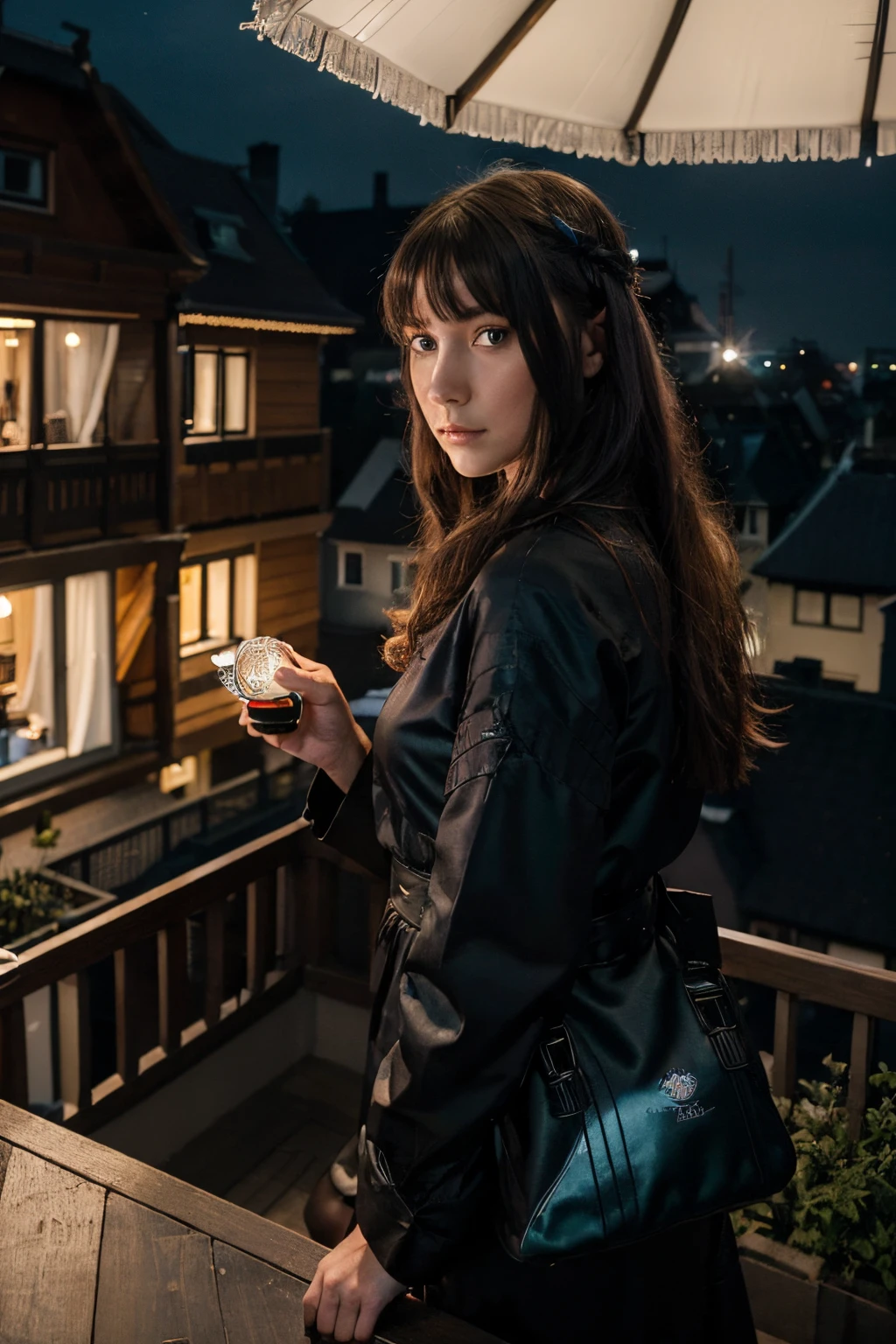 (Meisterwerk, best quality, hight resolution:1.4), Tapete, full entire body, 1girls, Lange Haare, (blaues Haar:1.0), (schwarzes Haar:1.0), green eyes, mehrfarbiges Haar, Haar mit Farbverlauf, kleine Brust, zur Seite gerichtet, Yukata , Party-Popper halten, Nacht, Haarspange, Pony, Sektglas in der hand, licht leicht gedimmt, auf einer terasse in einem hochhaus.