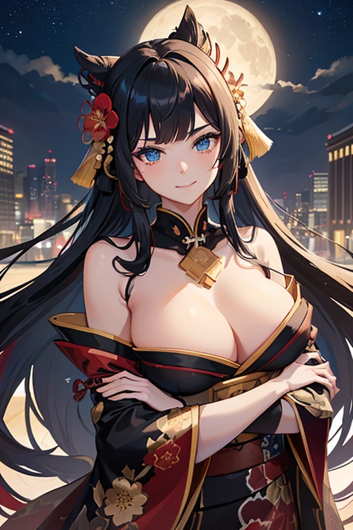 mature, high resolution, (masterpiece), 4k, portrait, ((from front)), (upper body), ((1girl)), (((detailed long black hair with red strands))), (floral hair ornament), ahoge, (((((crossed bangs))))), ((bright cyan blue eyes)), athletic build, (large chest), wide hips, long legs, (((black battle kimono with floral designs and rolled up sleeves))), ((red obi)), (((samurai shoulder plate))), (side boob), coy smirk, (arms crossed), confident pose, night time, stars, full moon, japanese modern city, rooftops, skycraper in the distance, wind