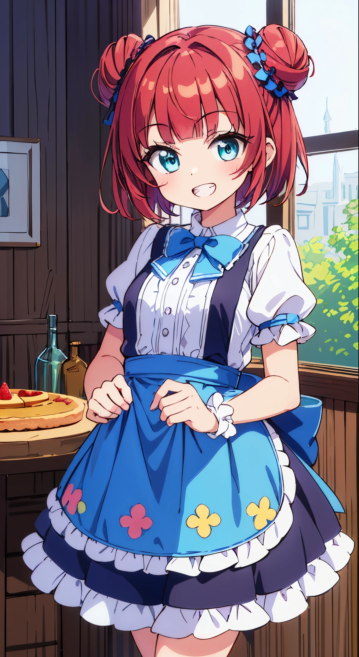 (masutepiece, Transparent air, Transparent eyes,Best Quality, Perfect Anatomy, High quality:1.4), absurderes, absolutely resolution, unbelievable Ridiculous, hight resolution, ultra-detailliert, Official art, Unity 8k壁纸, Kinetic typography,nice hand, Perfect hands, Detailed beautiful hands, Large_filesize, fulcolor, hight resolution, symmetric, exceptional, Best aesthetic, newest, Anime, very beautiful detailed body,The hair,faces,The eye, BREAK,  1 beautiful girl, (Cute:1.5), (Chibi: 0.8), (kawaii: 1.5), (Lori: 0.5), (17 years old girl), BREAK(Red hair, short-hair,2 hair buns,Blunt bangs:1.4),(:D,grin:1.3),{Heterochromia,pale blue eyes,pale green eyes, Eye Highlights,The first hyperfine stars:1.5},Star eyes silhouette thick eyelashes, Double eyelids:1.2),(de pele branca),BREAK,Clear skin,Beautiful skin, ,(best quality face),(Top quality glowing eyes),(The best smile,:D:1.45) ,

BREAK,Indoor, (Narrow waist), wide hips, polypropylene,(Happy,Smile:1.3), (((Cute Patchwork Quilt,kawaii room,Embroidery Accessories,)))(((Girly Goods,Cute Quilted Patchwork Toys,bow ribbon,Quilt Patchwork,basket))),

,BREAK,(((to stand))), In the garden, Daylight, Detailed background, The table,Showroom,tee,basket,bottles,butter,flower,a cake,food,hawke,] Knives,fruit,Cute glass teapot,raspberry,Fruit Pound Cake,fruitcake,Fruit tart,apple pie,daisy,veggies,...jar,vases,bottles,Leaves,Lemon cake,Lily_(flower),Apron,Kotaheko Address, (((((head-on))))),Waterfall,depth of fields,

 BREAK,wakame,wakame,wakame,(Cowboy Shot:1.4), 

BREAK,(Blurry background:1.3),(absurderes, hight resolution, Super Detail Art),cel shading,Clear Color, Lonely optical effect, Beautiful pictures, Bright glow, mystic atmosphere,(Close-up of girl:1.1), Mystical light particle effect,manga influence, clean line drawings,