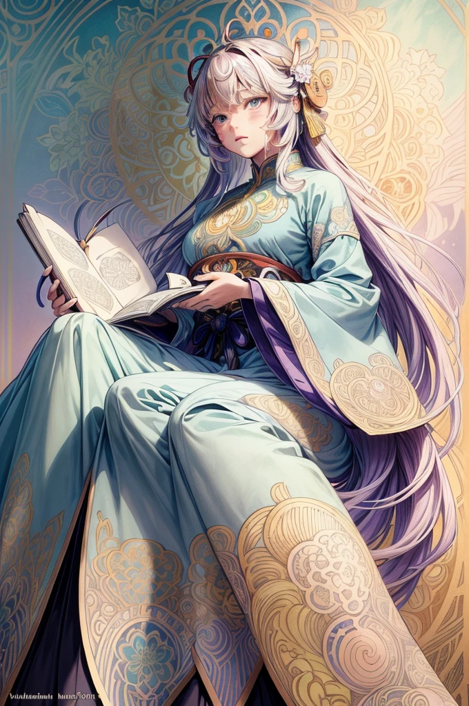 Genshin Impact, light colors hair, Book page coloring art, white backgrounid, line art, Coloring books, Linhalingpa Art, Mandalas are colored with natural ornaments, and clean line art, Coloring book pages, Art Nouveau decoration, With Alphonse Mucha (Alfons Mucha) of strokes, perfect detail, of a real.