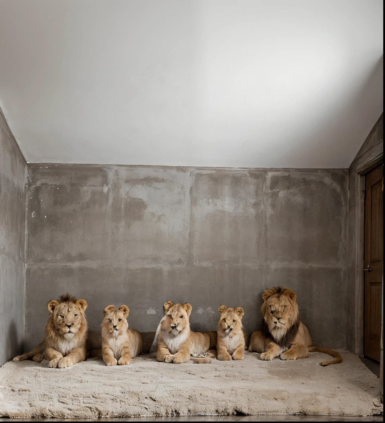 The lion family for a coloring book. The family consists of a cub, a lion, and a lioness. In a corner above the picture is a small colored one, and in the middle the picture is uncolored. Write for me the name of each of them underneath them in English.