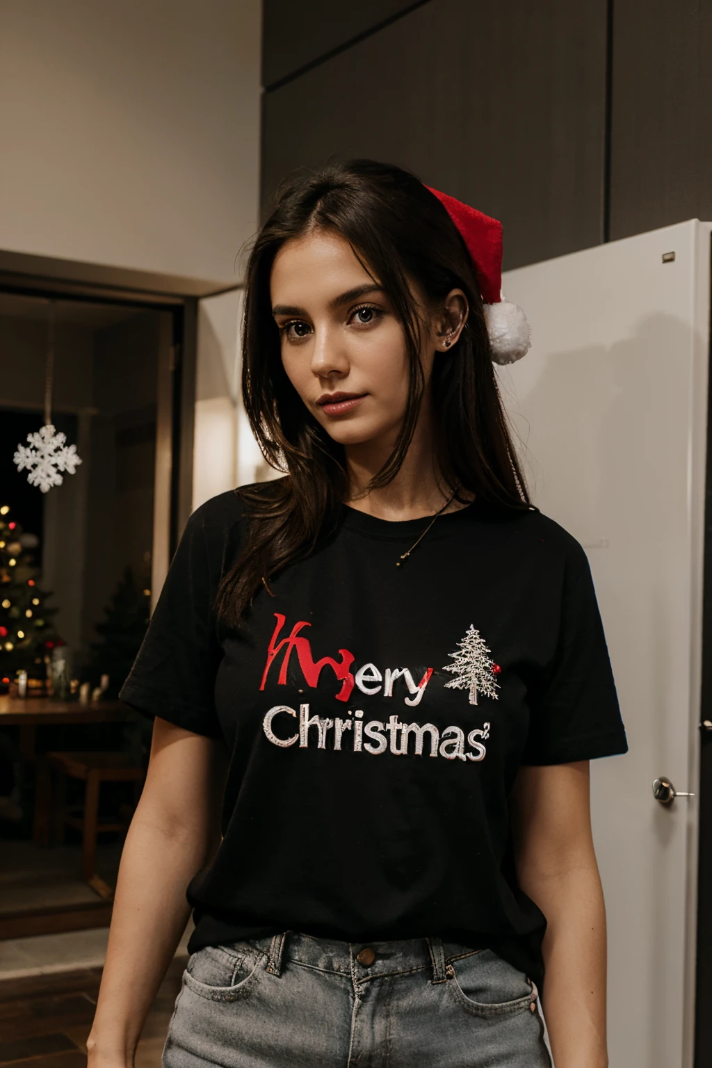 black t-shirt and christmas decoration around