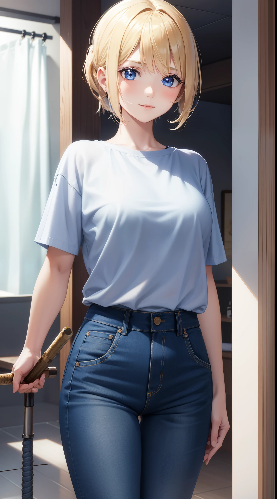 Young girls, blond with short hair, high ponytails, eBlue eyes, ssmile, Blue skinny shirt, denim pant, open shower room, Two swords, fly by rope, tmasterpiece, high high quality, 4K, k hd, Nice details