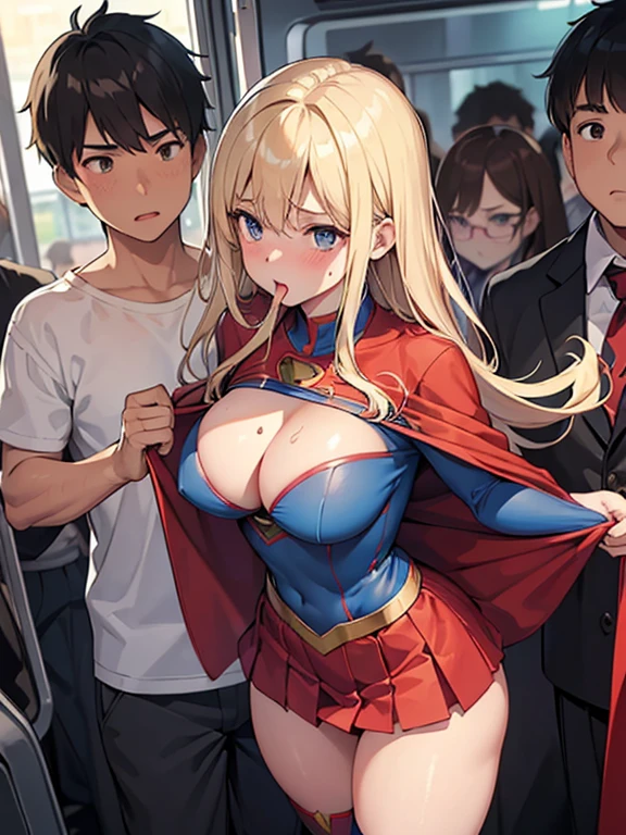 （ tall Supergirl：1.1） blond,Blue tights, Red skirt， Red cape， Red high heeled boots， （Superman Symbol on Chest：1.5）， Bare legs,  huge tit, Plump crotch, Fitness model, Ruddy cheeks, perspire, Sweaty, The whole body is soaked with clothes, Wheezing, Mouth open, Reveal a shy and nervous expression, cleavage, Stand on a crowded bus, Caught by a group of men, grabbing the breasts, A crowd stared at her intently, A lot of male arms, POV hands, assisted exposure, pulled by another, lifted by another, undressing another, Catch, Pulling, clothes pull, bra pull, Shirt pull, was raped, ((Pumping through clothing:1.5)), ((She was held from behind by a  boy  9 years), ((She was grabbed by the chest by a large group of school boys :1.5)),  ((The boys  presses his chest against the woman's back 1)), ((She was grabbed by a large group of young  smaller boys on the buttocks:1.5)), ((very large crowd of school smaller  boys around her:1.5)), ((The crowd was all  nine years oldbian