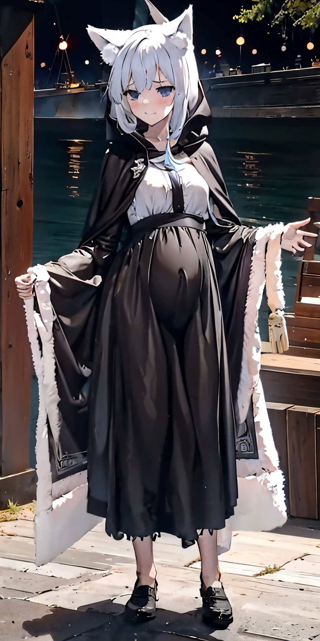 Fox ears, white-ash-hair, anime girl, black shirt, white skirt, (black cloak:1.2), pale face, sweating, heavy breath, blushing, pregnant, Pregnant-belly, pregnancy dresest quality:1.2), ultra-detailed,realistic ,portraits, vivid colors, soft lighting, interesting PoV, spread kneel, Lying on bed, (the girl is in pain: 1.3), stocking, straight hair, (labor pain:1.0), (the girl is leaked pee:1.2)