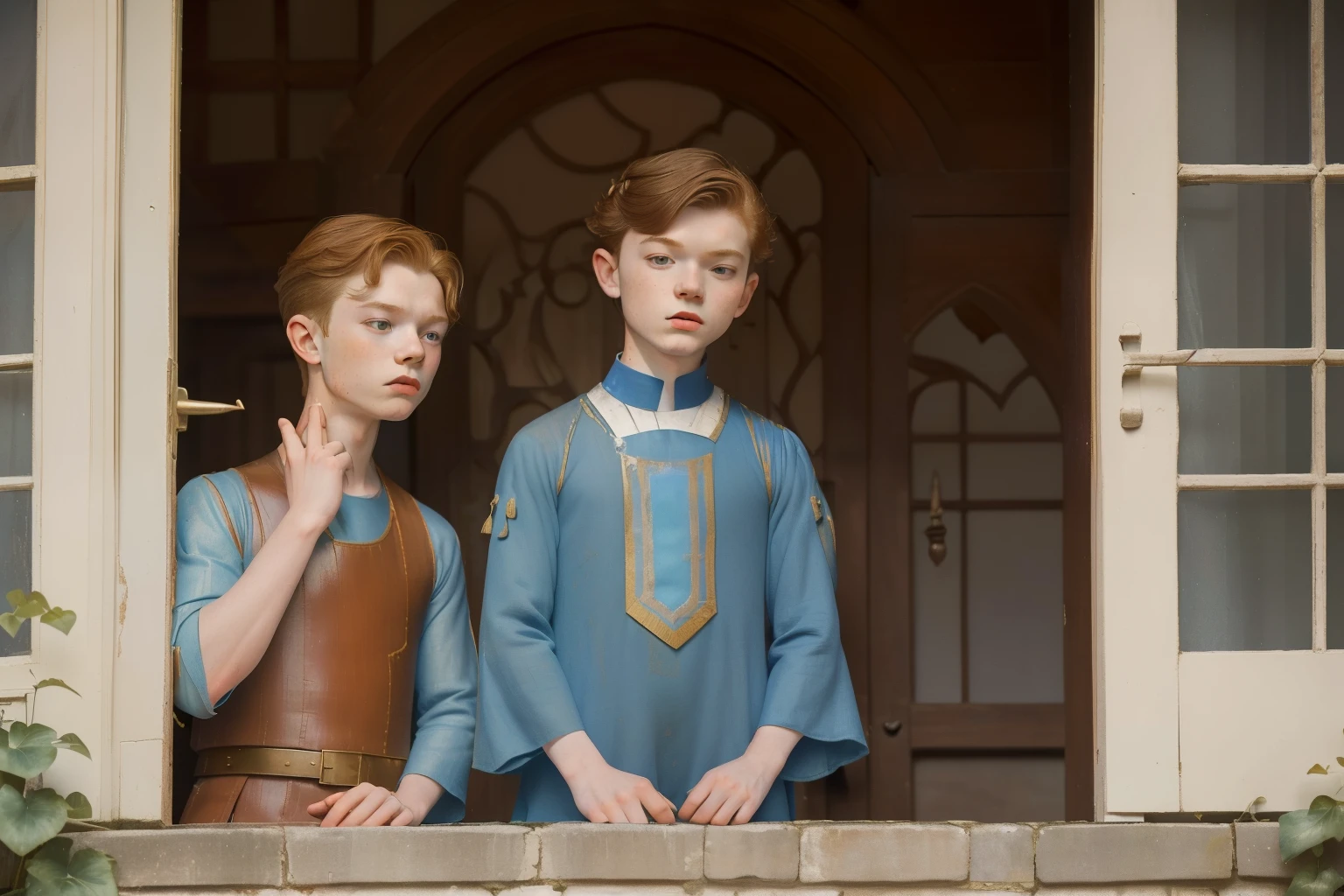 1136, Earlcastle, England. otherworldly scene in a clastle outside patio, ((((15-year-old)) Levi Miller)), mocking ((((12-year-old)) Cameron Monaghan)), ((((poor plain tunic from the 12th century)))), ((Hairstyle of the 12th century)), ((Wes Anderson cinematic style)), colorful