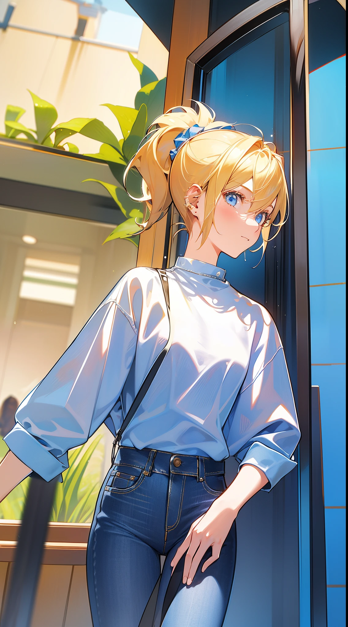 Young girls, blond with short hair, high ponytails, eBlue eyes, ssmile, Blue skinny shirt, denim pant, open shower room, Two swords, fly by rope, tmasterpiece, high high quality, 4K, k hd, Nice details