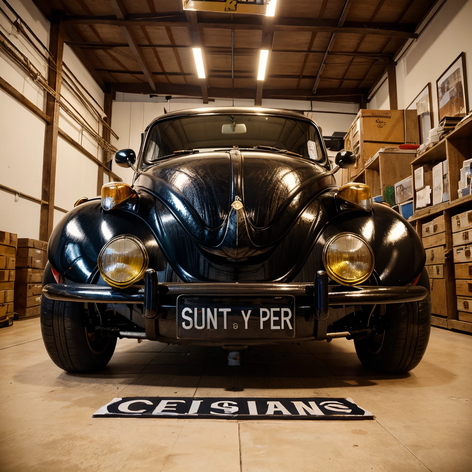 Create a publicity poster with the title “Confra dos Fuskeiros de Castanhal”, with photos of several customized Beetles, com som, com cervejas em uma oficina.