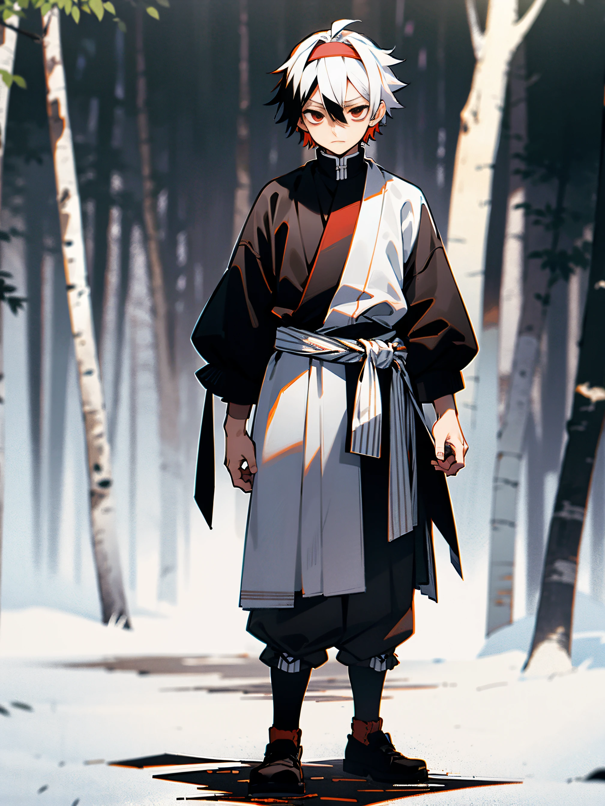 1male, multicolored hair, two-toned hair, black and white hair, headband, red eyes, earring, black yukata, tied to waist, standing on path, forest, serious