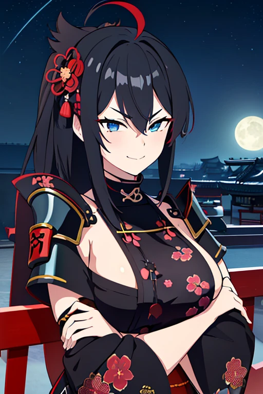 anime, mature, high resolution, (masterpiece), 4k, portrait, ((from front)), (upper body), ((1girl)), (((detailed long black hair with red strands))), (floral hair ornament), ahoge, (((((crossed bangs))))), ((bright cyan blue eyes)), athletic build, (large chest), wide hips, long legs, (((black battle kimono with floral designs and rolled up sleeves))), ((red obi)), (((samurai shoulder plate))), (side boob), coy smirk, (arms crossed), confident pose, night time, stars, full moon, japanese modern city, rooftops, skycraper in the distance, wind