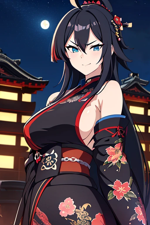 anime, mature, high resolution, (masterpiece), 4k, portrait, ((from front)), (upper body), ((1girl)), (((detailed long black hair with red strands))), (floral hair ornament), ahoge, (((((crossed bangs))))), ((bright cyan blue eyes)), athletic build, (large chest), wide hips, long legs, (((black battle kimono with floral designs and rolled up sleeves))), ((red obi)), (((samurai shoulder plate))), (side boob), coy smirk, (arms crossed), confident pose, night time, stars, full moon, japanese modern city, rooftops, skycraper in the distance, wind
