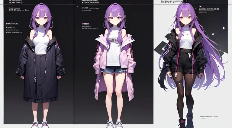 (Best Quality, masutepiece), ,  yo,Standing Girl, three view drawing, front, Back and sides, Character Sheet,Full body, Background,Purple hair,Long hair, A sexy,Shoulders are sticking out,jaket,white  clothes,turtle neck,Beautuful Women,Beautiful