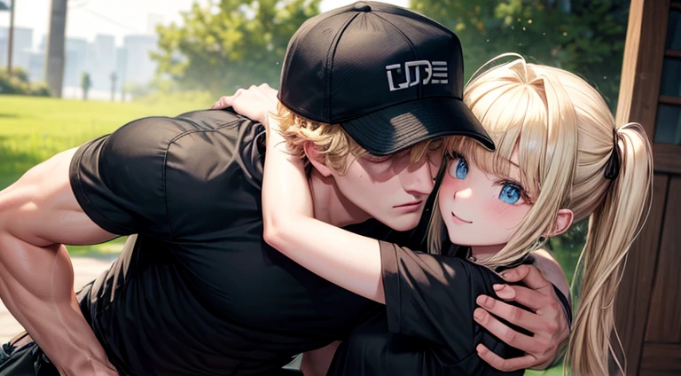 logan paul in a black shirt and black cargo pants  hugging a teenager girl with a backward cap