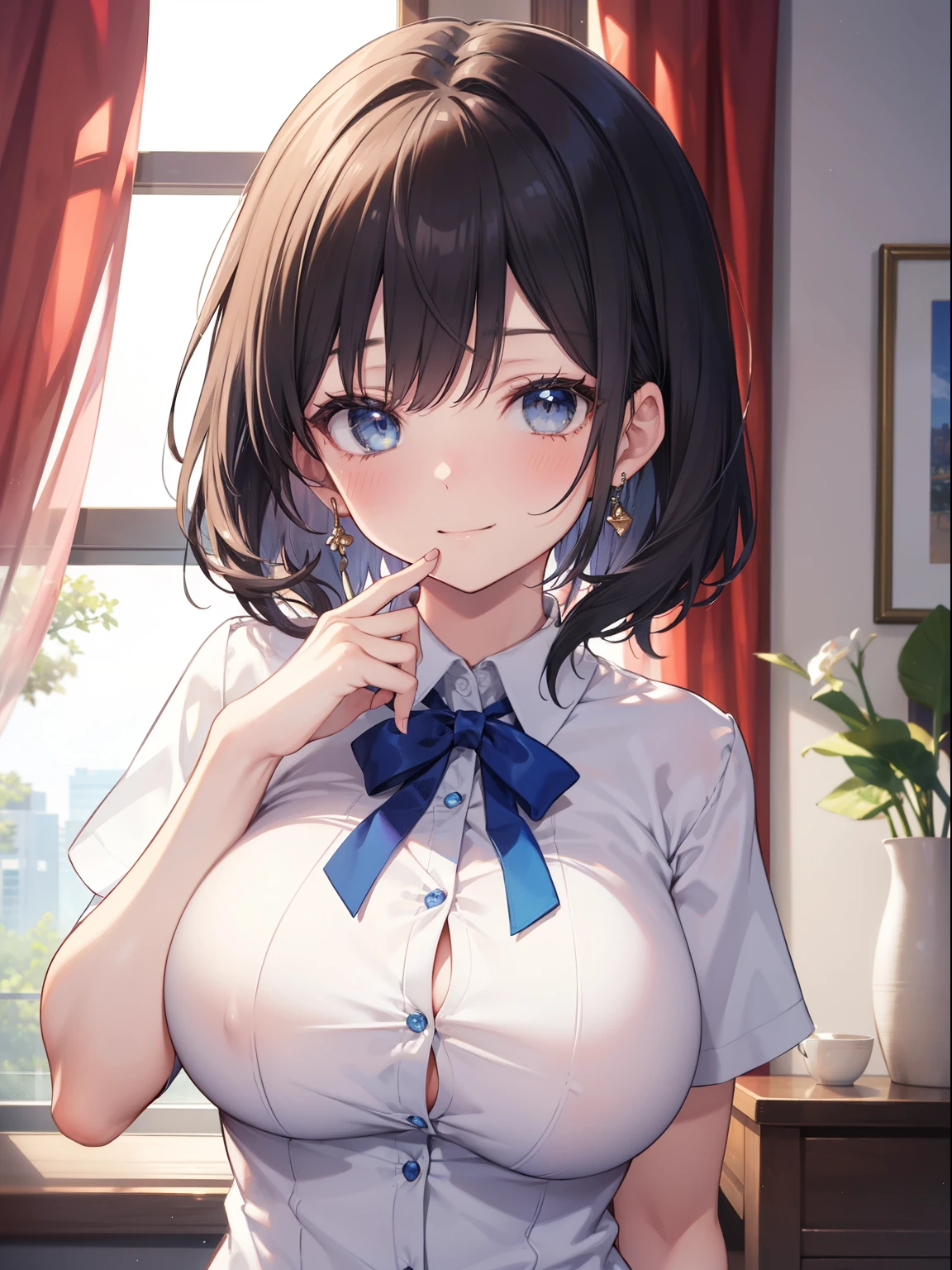 (masutepiece, Best Quality, hight resolution, nffsw, Perfect Pixel, depth of fields, 4K), 
1girl in, Solo, Lori, Beautiful anime girl, 
Looking at Viewer, 
Perfect body,  

Full face blush, 

POV, Focus, 

nffsw, Semi-long, Black hair, Blue eyes, (large boob), 
White shirt, Blue Ribbon, shortsleeves, 

Smile full of compassion, 
crass room, Beige curtains, Wind,