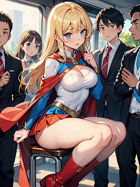 ( tall Supergirl:1.1) blond,Blue tights, Red skirt, Red cape, Red high heeled boots, (Superman Symbol on Chest:1.5), Bare legs, huge tit, Plump crotch, Fitness model, Ruddy cheeks, perspire, Sweaty, The whole body is soaked with clothes, Wheezing, Mouth open, Reveal a shy and nervous expression, cleavage, Stand on a crowded school bus, Caught by a group of small boys grabbing her breasts, A crowd of boys stared at her intently, A lot of male arms, POV hands, assisted exposure, pulled by another, lifted by another, undressing another, Catch, Pulling, clothes pull, bra pull, Shirt pull, was raped, ((Pumping through clothing:1.5)), ((She was held from behind by a small boy :1.5)), ((She was grabbed by the chest by a large group of school boys :1.5)), ((The boys presses his chest against the woman's back 1)), ((She was grabbed by a large group of young smaller boys on the buttocks:1.5)), ((very large crowd of school smaller boys around her:1.5)), ((The crowd was all nine years old boyull bodyesbian