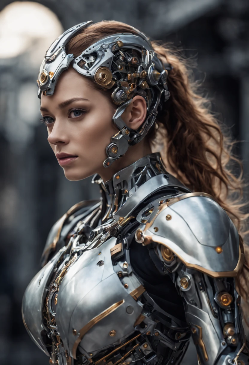 In a world where medieval aesthetics intertwine with advanced technology, a female cyborg stands as a striking embodiment of this fusion. Clad in armor adorned with intricate circuitry and powered by futuristic enhancements, she exudes an air of strength and resilience. Her visage, a blend of human and mechanical features, ... creates a visually captivating and thought-provoking scene that blurs the boundaries between the past and the future, evoking a sense of wonder and fascination.