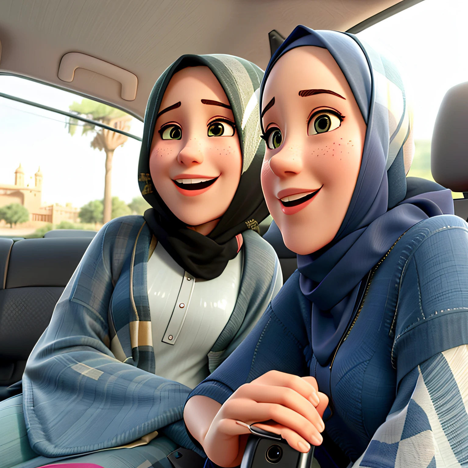 two women in hijabs are sitting in the back of a car, both smiling for the camera, moroccan queens ny, very very low quality picture, sisters, with wet faces!!, very silly looking, profile image, hijab, beautiful girls, snapchat photo, vacation photo, annoying sister vibes, with a twin, taken on iphone 14 pro,