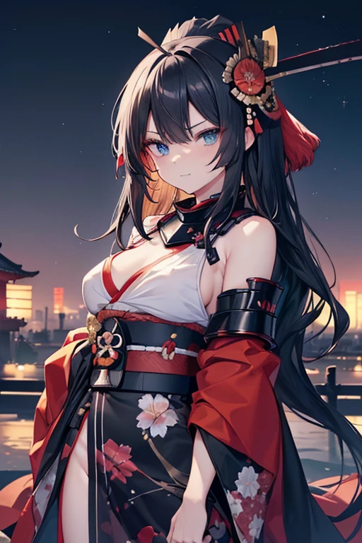anime, mature, high resolution, (masterpiece), 4k, portrait, ((from front)), (upper body), ((1girl)), (((detailed long black hair with red strands))), (floral hair ornament), ahoge, (((((crossed bangs))))), ((bright cyan blue eyes)), athletic build, (large chest), wide hips, long legs, (((black battle kimono with floral designs and rolled up sleeves))), ((red obi)), (((samurai shoulder plate))), (side boob), coy smirk, (arms crossed), confident pose, night time, stars, full moon, japanese modern city, rooftops, skycraper in the distance, wind