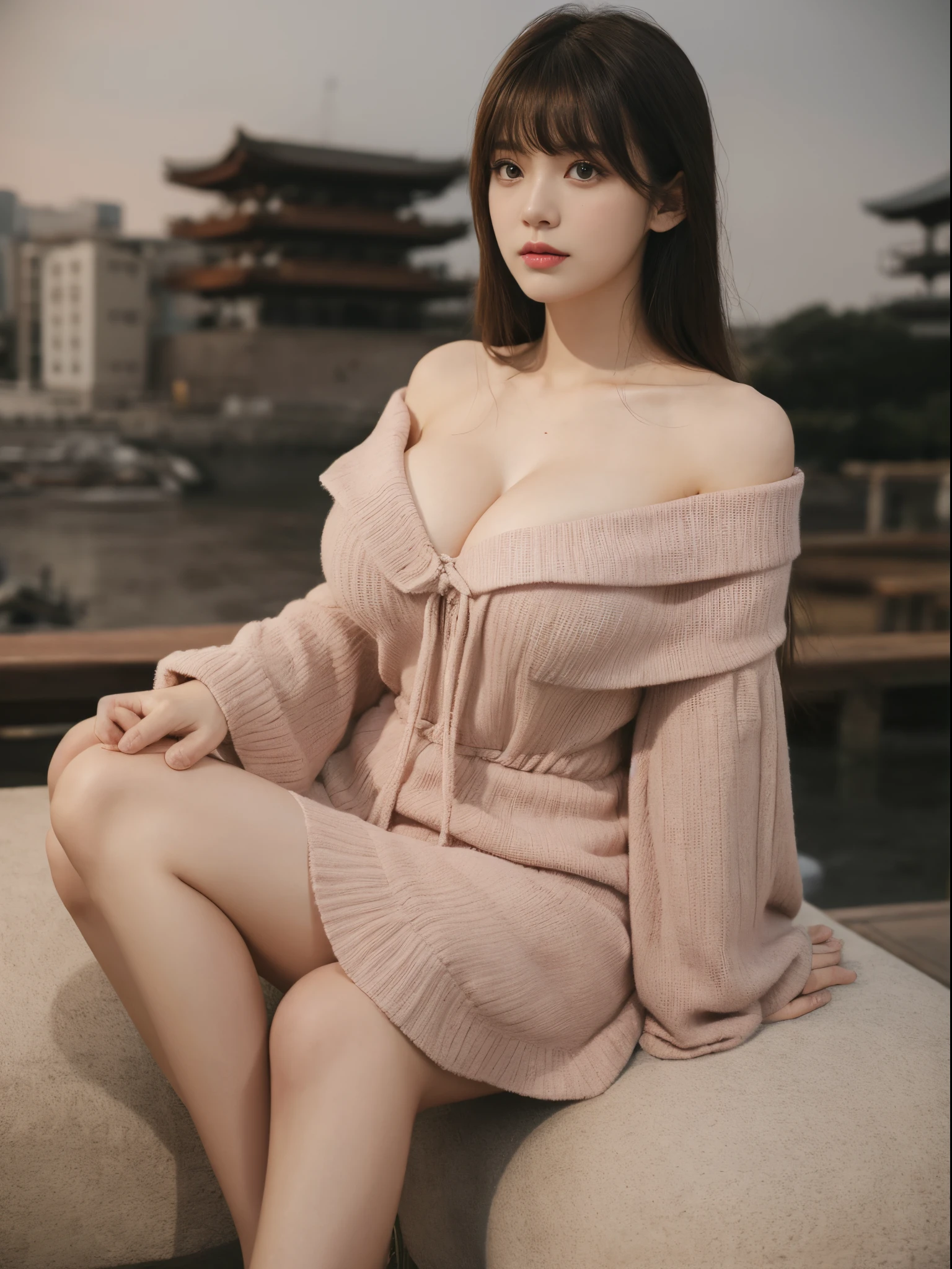 huge breast, bangs, off shoulder dress, tokyo