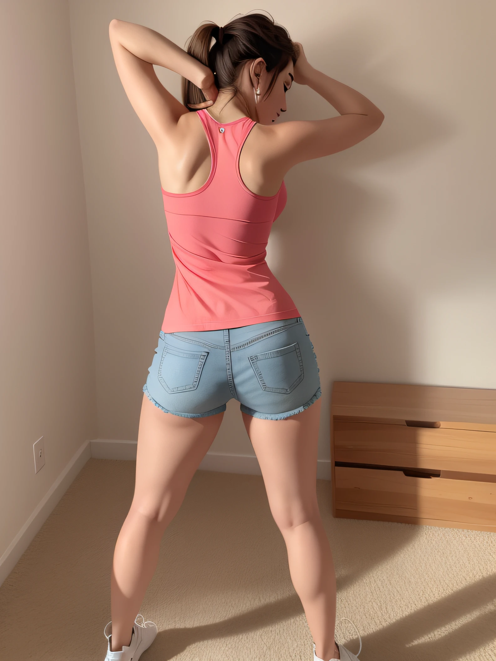 Mulher Araafed com uma blusa rosa e shorts jogando videogame, from the back, back pose, from the back, tiro longo de costas, Costas - Tiro, Back view!!, tiro longo das costas, seen from back, view of the back, tiro de costas, derriere tonificado, tiro nas costas, tiro pelas costas, workout