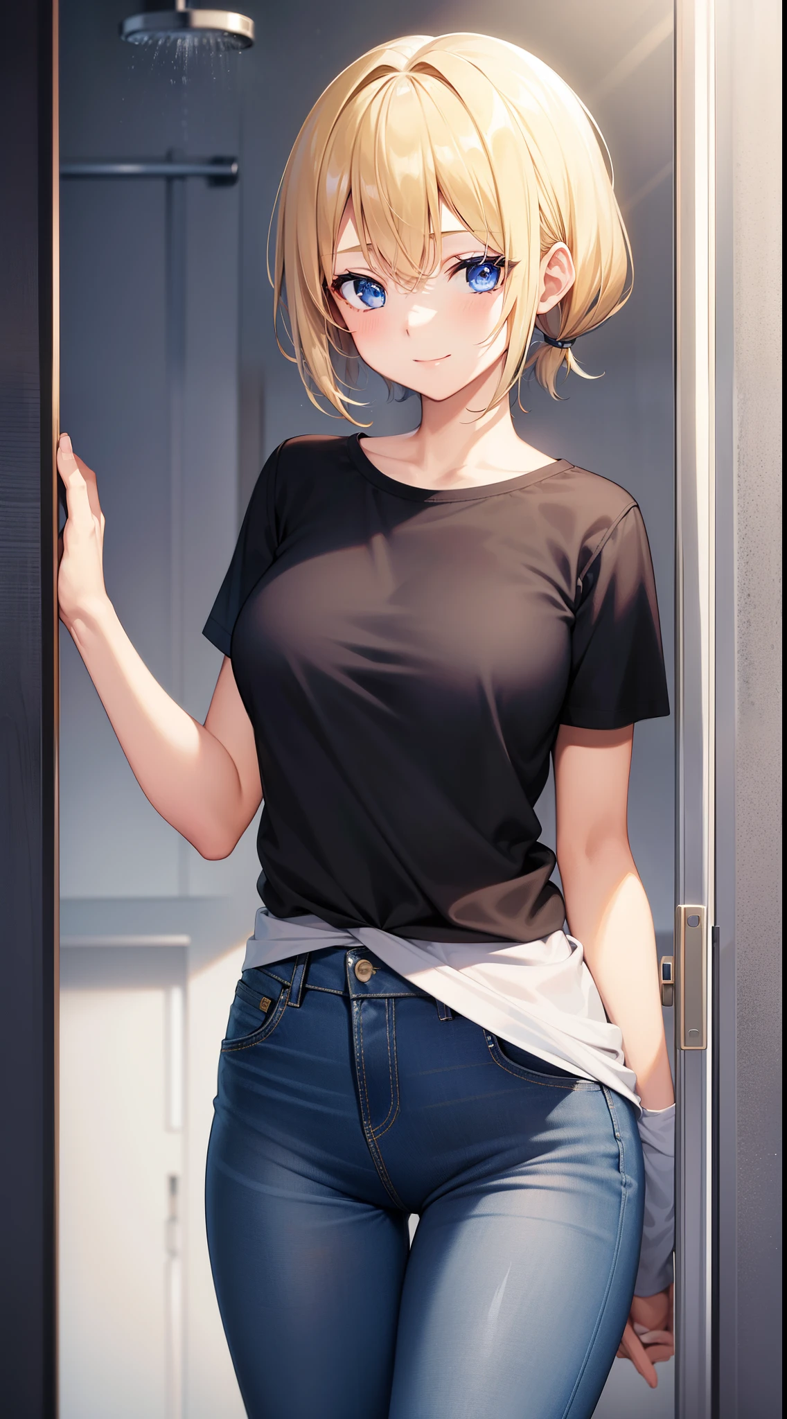 Young girls, blond with short hair, high ponytails, eBlue eyes, ssmile, Blue skinny shirt, denim pant, open shower room, Two swords, fly by rope, tmasterpiece, high high quality, 4K, k hd, Nice details