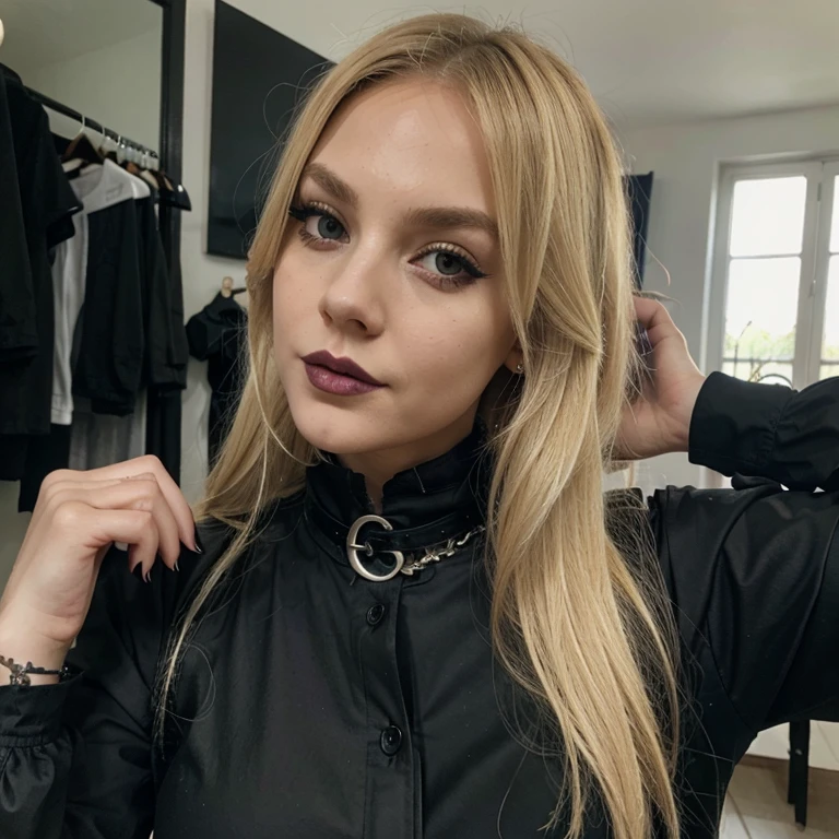 A 23 year old blonde woman, ((Big )), ((Hyperrealismus)) ,. blondes Haar mit hellbraunem Ansatz. blondes Haar, Haare mit braunen Wurzeln, extra langes Haar, sehr langes Haar, wirklich lange Haare, Nice, Vorderansicht, Selfie, Foto mit iPhone aufgenommen, gothic style, tief geschnitten, Selfie in the club, good quality, Dekollete