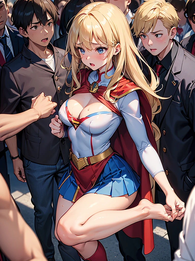 （ tall Supergirl：1.1） blond,Blue tights, Red skirt， Red cape， Red high heeled boots， （Superman Symbol on Chest：1.5）， Bare legs,  huge tit, Plump crotch, Fitness model, Ruddy cheeks, perspire, Sweaty, The whole body is soaked with clothes, Wheezing, Mouth open, Reveal a shy and nervous expression, cleavage, Stand on a crowded  school bus, Caught by a group of small boys grabbing her breasts, A crowd of boys  stared at her intently, A lot of male arms, POV hands, assisted exposure, pulled by another, lifted by another, undressing another, Catch, Pulling, clothes pull, bra pull, Shirt pull, was raped, ((Pumping through clothing:1.5)), ((She was held from behind by a small boy  9 years old:1.5)), ((She was grabbed by the chest by a large group of school boys :1.5)),  ((The boys  presses his chest against the woman's back 1)), ((She was grabbed by a large group of young  smaller boys on the buttocks:1.5)), ((very large crowd of school smaller  boys around her:1.5)), ((The crowd was all  nine years old boyull bodyesbian