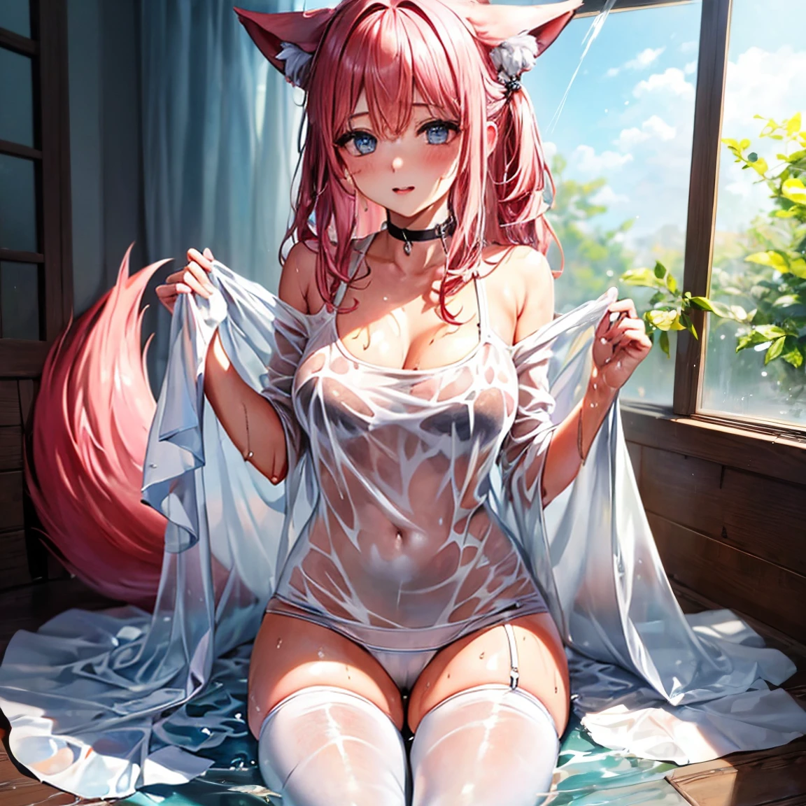 One girl anime styled。girl with。Blue eyes。 in estruig fox Tail。Looking at the camera,fox ear, pink hair, white crop top, fox tail, girl 18 old , utral light, sitting in the bedroom,hair hair, wear pantie, wear dress, salon,Wet and see-through、cute little、blushed、Chest cleavage、thighs thighs thighs thighs、No bra、witheout panties、high-level image quality、Vivid、high detailing、(( breast: 1.2)), ((blush face: 1.3)),((wet clothes:1.5)),wear white legwear,pink bikini,,((peeing:1.2))