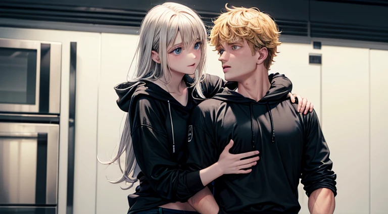logan paul in a black shirt and black cargo pants hugging a teenager girl with a black hoodie