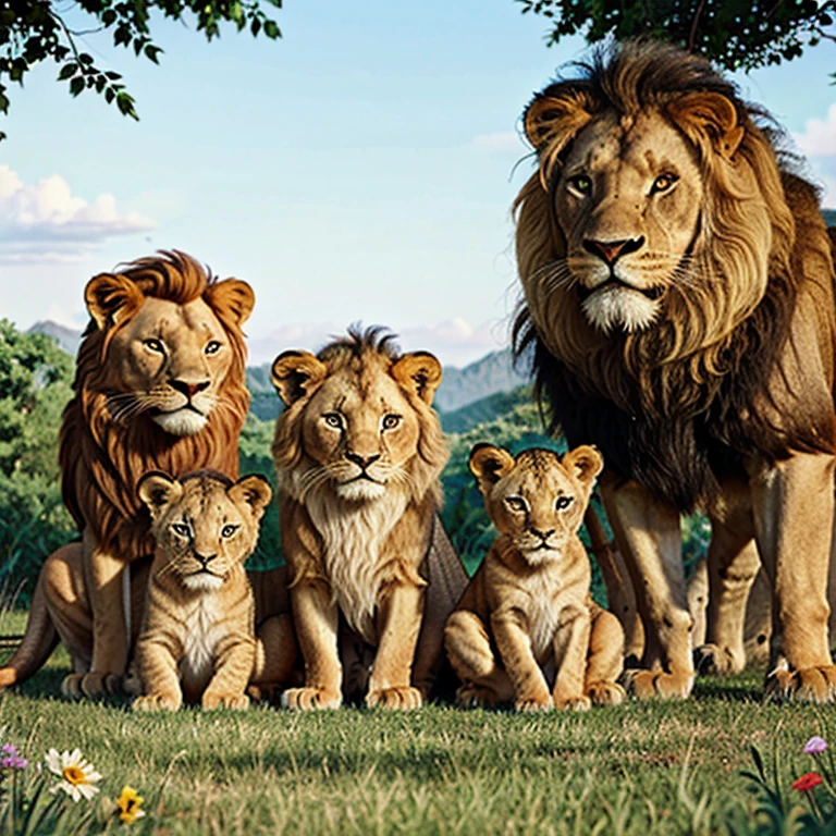 It consists of a lion, a lioness and a cub. Lion family Cartoon for coloring book