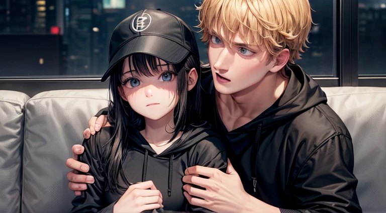 logan paul in a black shirt and black cargo pants hugging a teenager girl with a black hoodie