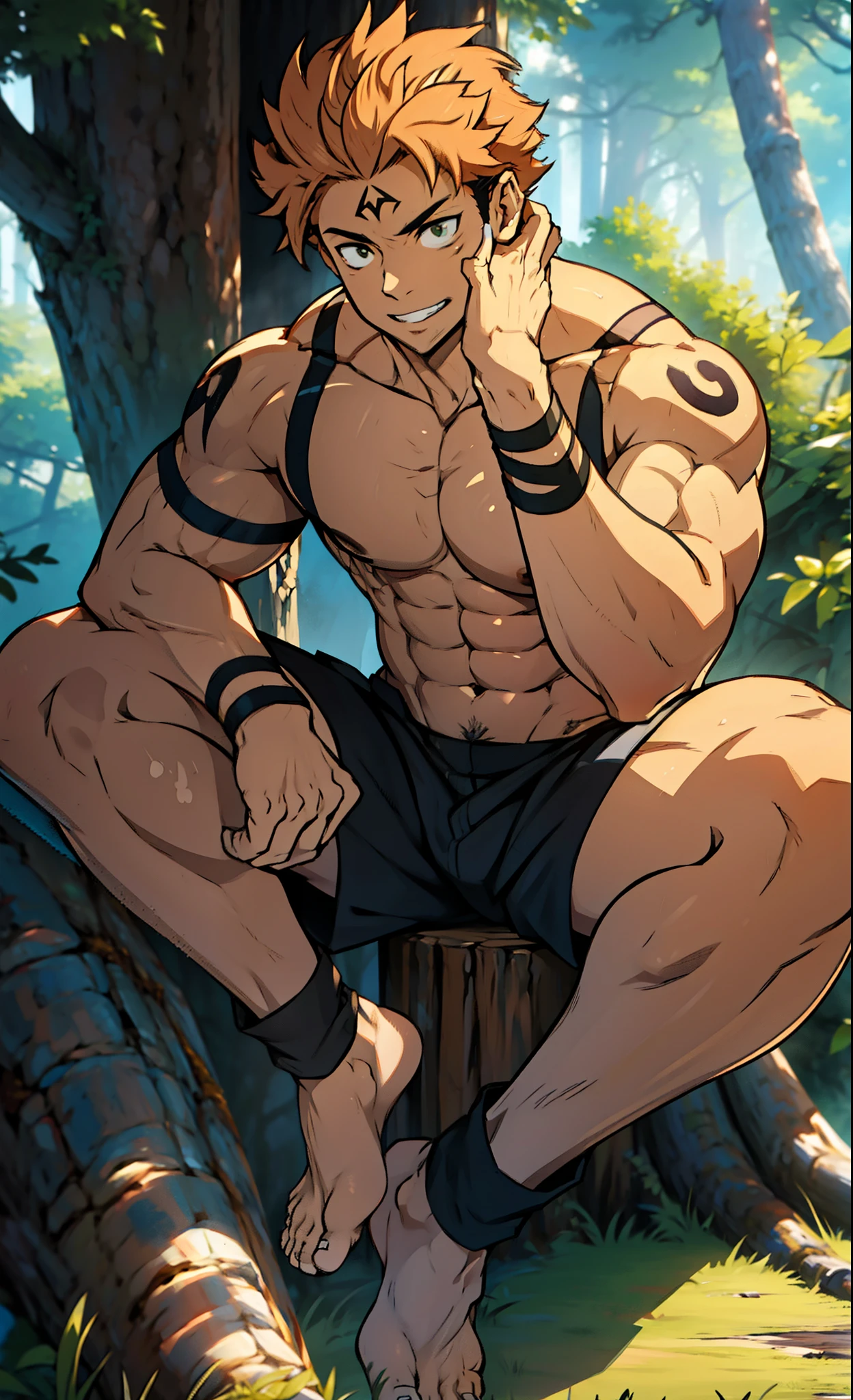 (canto da foto de baixo para cima) (imagem da mais alta qualidade) Lion man ,real, jovem, , vestindo shorts, virilha saliente, imagem de anime, sitting on ground, pernas bem abertas, male face, bonito rosto jovem, cabelo subcortado, huge muscle muscles of the chest, large strong thigh muscles, Biceps Sinewy muscles, Corpo enorme, corpo tonificado devido ao treinamento intenso, Well-developed muscles, ABS transparente de 8 embalagens, 3 metros de altura, topless, , pele brilhante, rede de suor pingando, hands on thighs, bare feet, Sem barba