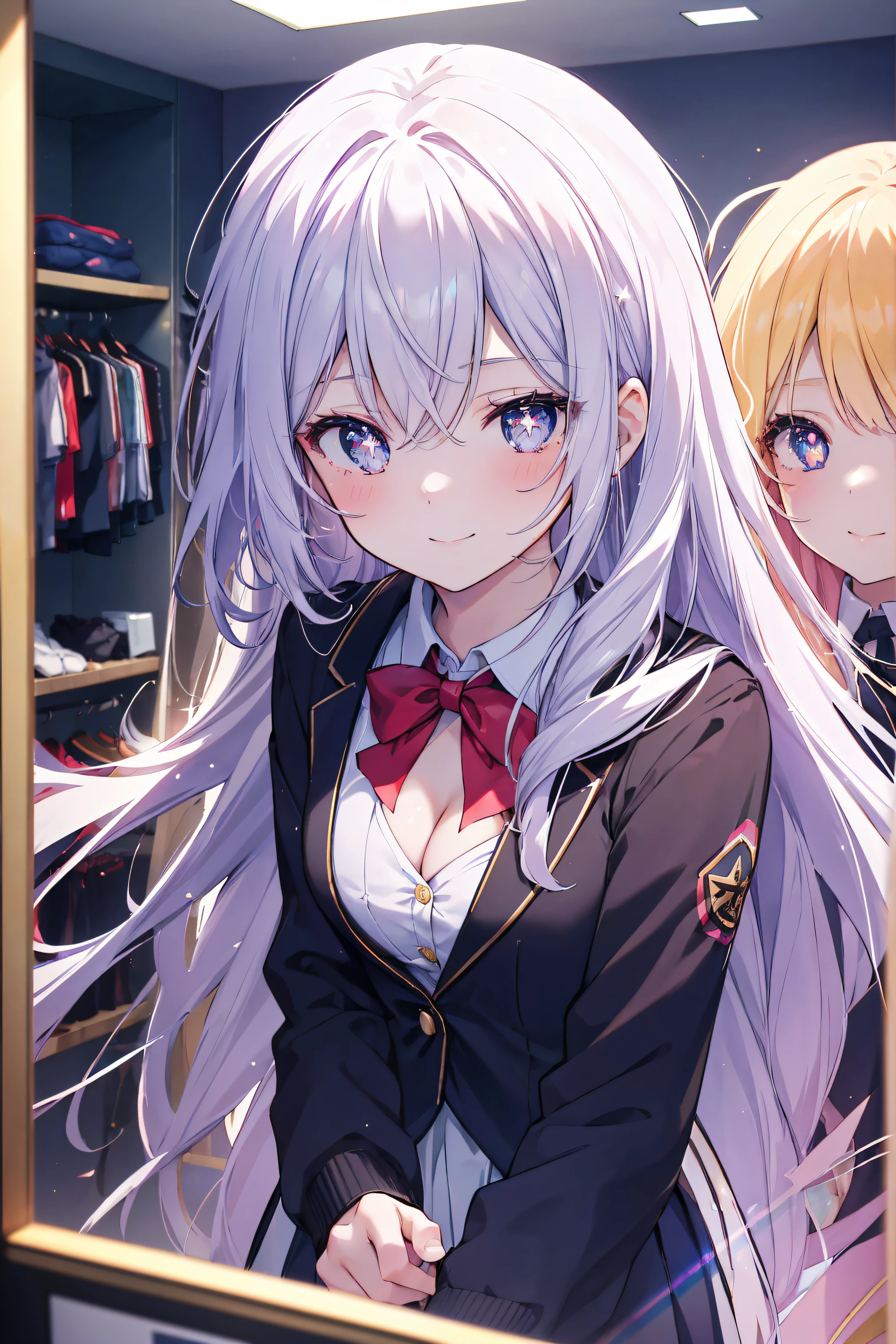 (2filles, cheveux longs élégants, Couleur, Yeux détaillés, Pupilles étincelantes, en forme d'étoile chez les pupilles), clivage, fille adolescente, Uniforme scolaire, magasin, choisir des vêtements à acheter, à l'intérieur du magasin de vêtements, Souriant, bouche ouverte, Abus d’éruption de lentille, aberration chromatique, détail élevé, Anime, romantisme, sur l’art, profondeur de champ, Flou de mouvement, Lumière rougeoyante, grain du film, UHD, rétine, précis, Chef-dœudansre, anatomiquement correct, peau texturée, Super détail, high détails, de la haute qualité, Primé, meilleur qualité, Haute résolution, 16k