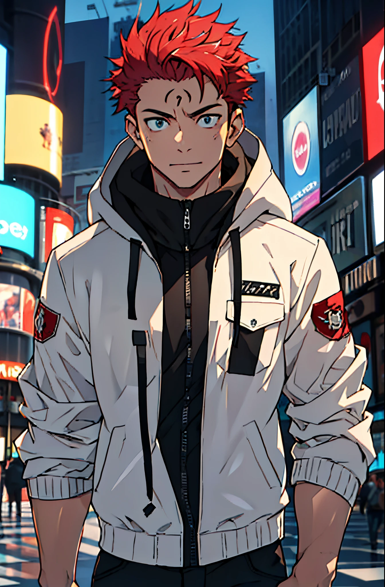 A mais alta qualidade, 8K, image high resolution, Detailed strokes, no meio de uma avenida movimentada estilo Times Square, inverno, apoiado em um dos postes, adolecente, Red Hair , wearing a cold jacket sleeveless , slightly unbuttoned jacket showing a bit of his chest, masculo, chest a little tight in the jacket , (angulo de baixo), (perto da camernas definidas, defined arms, abdomen definido, sem camisa por baixo da jacket